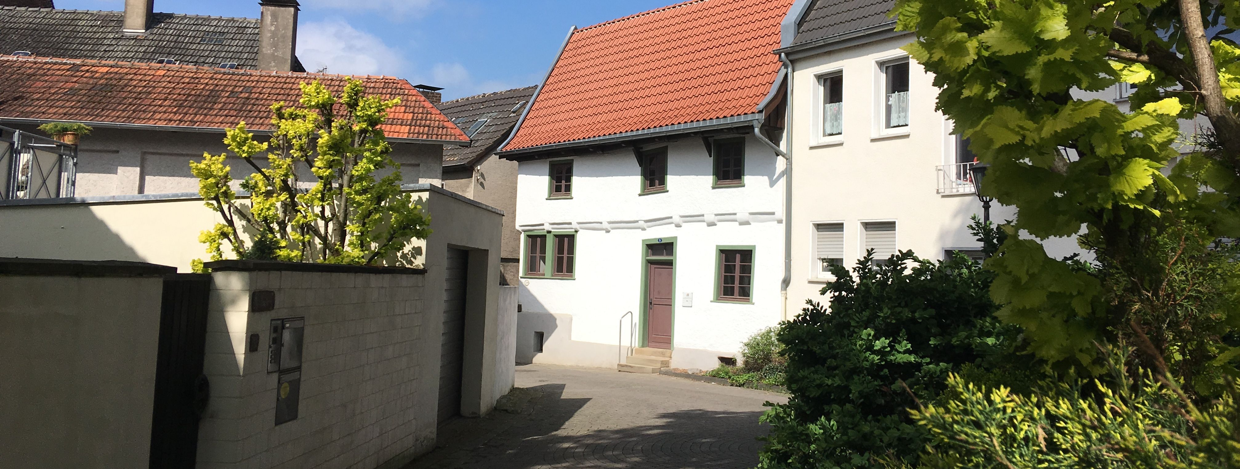 Blick auf das Schmarotzerhaus. Im Vordergrund stehen rechts ein Baum und links einige Sträucher, die das Schmarotzerhaus einrahmen.