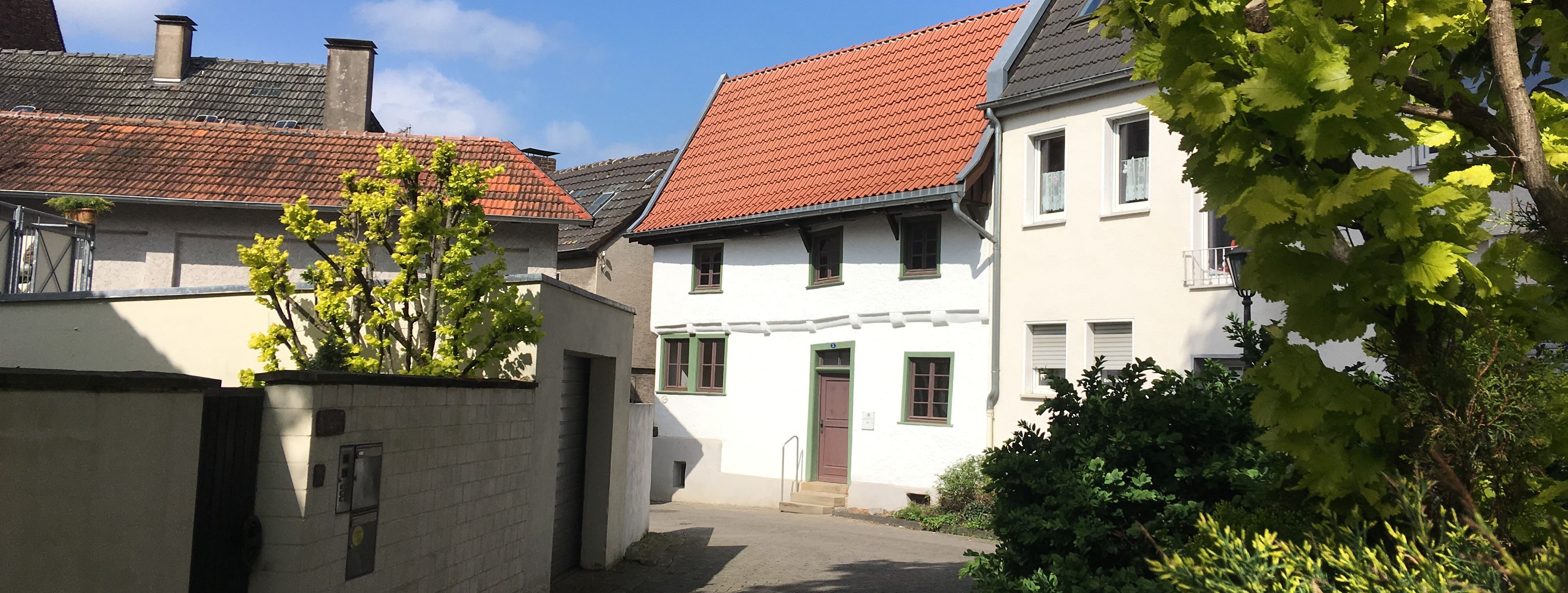 Blick auf das Schmarotzerhaus. Im Vordergrund stehen rechts ein Baum und links einige Sträucher, die das Schmarotzerhaus einrahmen.