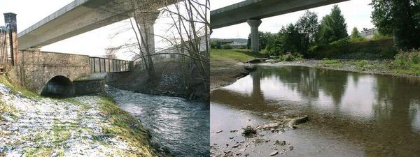 Vor und nach dem Abriss der Eisenbahnbrücke am ehemaligen Eisenwerk