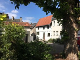 Blick auf das Schmarotzerhaus. Im Vordergrund stehen rechts ein Baum und links einige Sträucher, die das Schmarotzerhaus einrahmen.