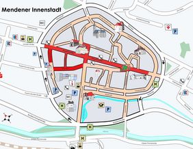 Zu sehen ist ein Plan der Mendener Innenstadt. Die Hauptstraße, Querstraße, Neumarkt und Turmstraße sind rot markiert, da in diesem Bereich der Kinderflohmarkt stattfindet.