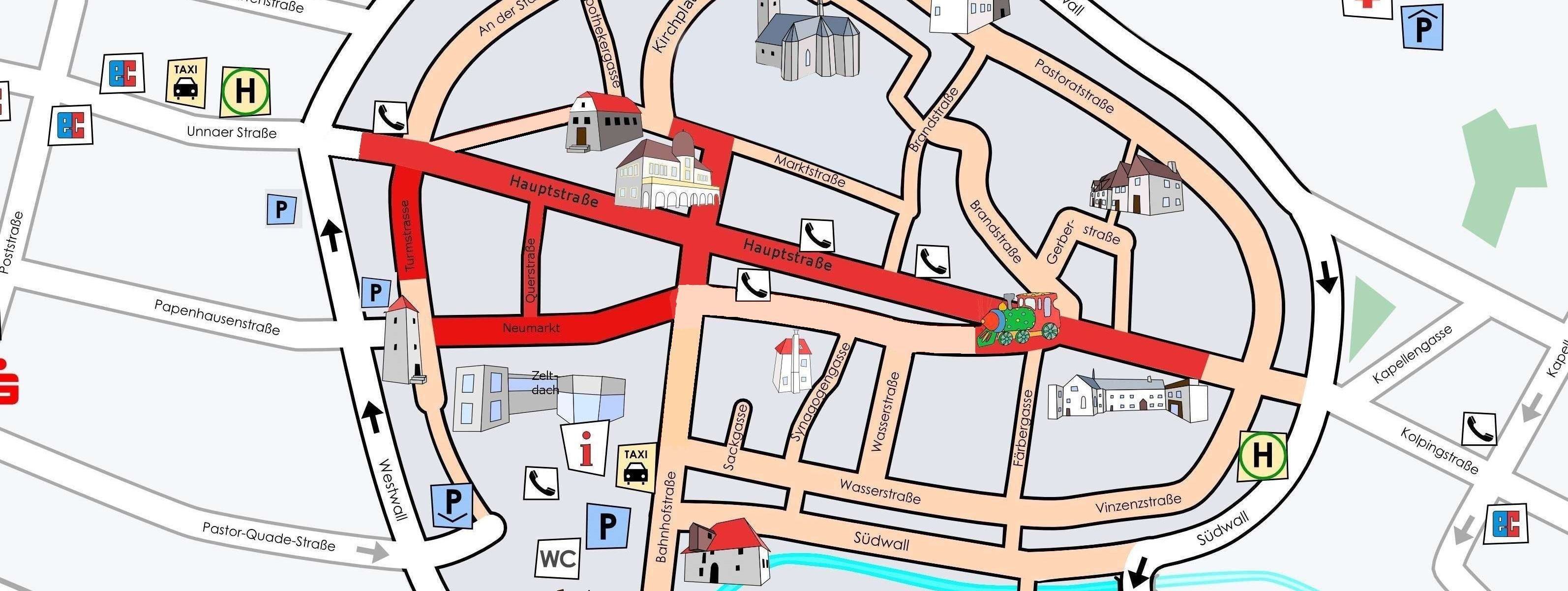 Zu sehen ist ein Plan der Mendener Innenstadt. Die Hauptstraße, Querstraße, Neumarkt und Turmstraße sind rot markiert, da in diesem Bereich der Kinderflohmarkt stattfindet.