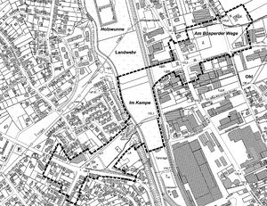 Eine Linie für die Darstellung der Aufhebung Innerörtliche Verbindungsstraße nördlich der Kernstadt zwischen Unnaer Landstr. und Werler Str. / westl. Teilabschnitt zwischen Unnaer Landstr. und Carl-Schmöle-Str." der Stadt Menden (Sauerland)