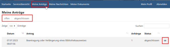 Serviceportal Übersicht "Meine Anträge"