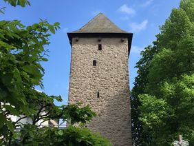 Ein Foto vom Poenigeturm, ein heller geschlämmter viereckiger Steinturm mit dunklem Spitzdach. Abgebildet ist die obere Hälfte des Turmes, der links und rechts von Kastanienbäumen in vollem Blattgrün gesäumt ist.