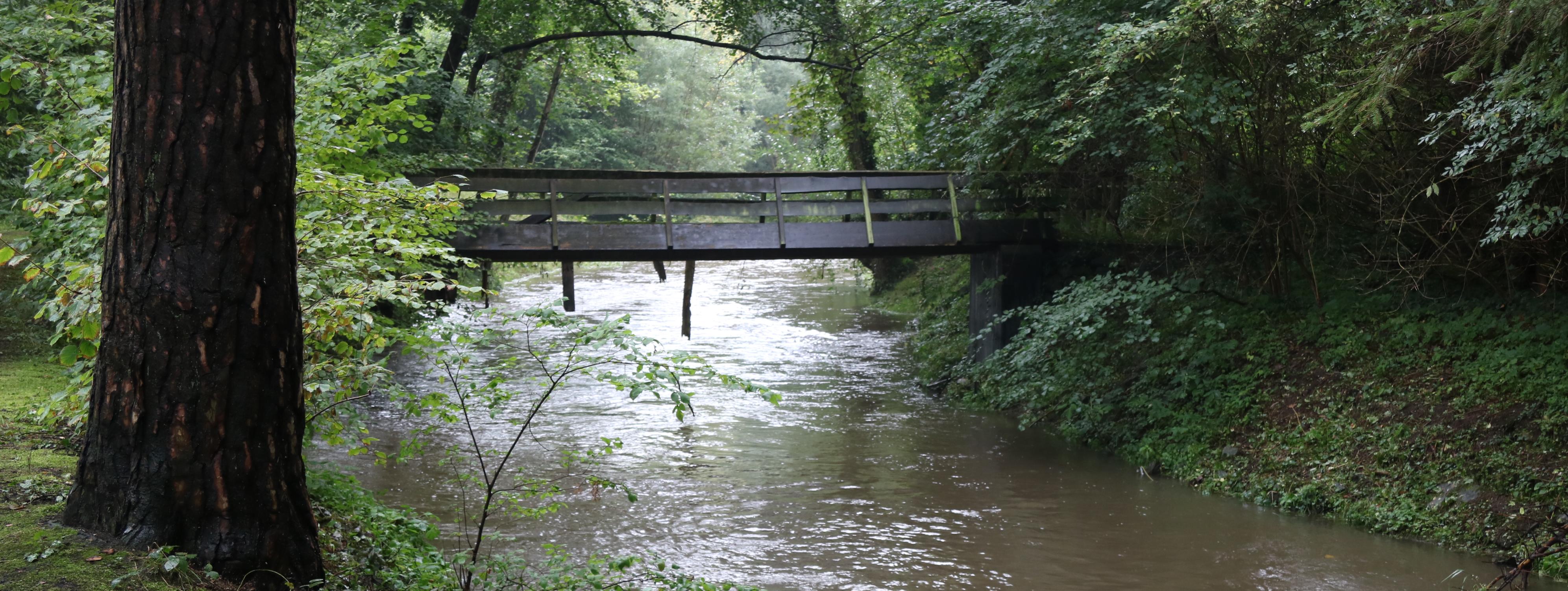 Die Hönne mit angestiegenem Wasserstand, darüber verläuft eine alte Brücke aus Holz