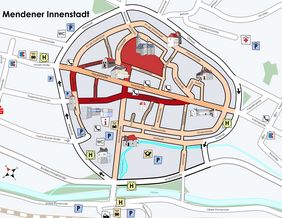 Ein Plan der Mendener Innenstadt, auf dem farbig die Stellplätze für den Kinderflohmarkt markiert sind.