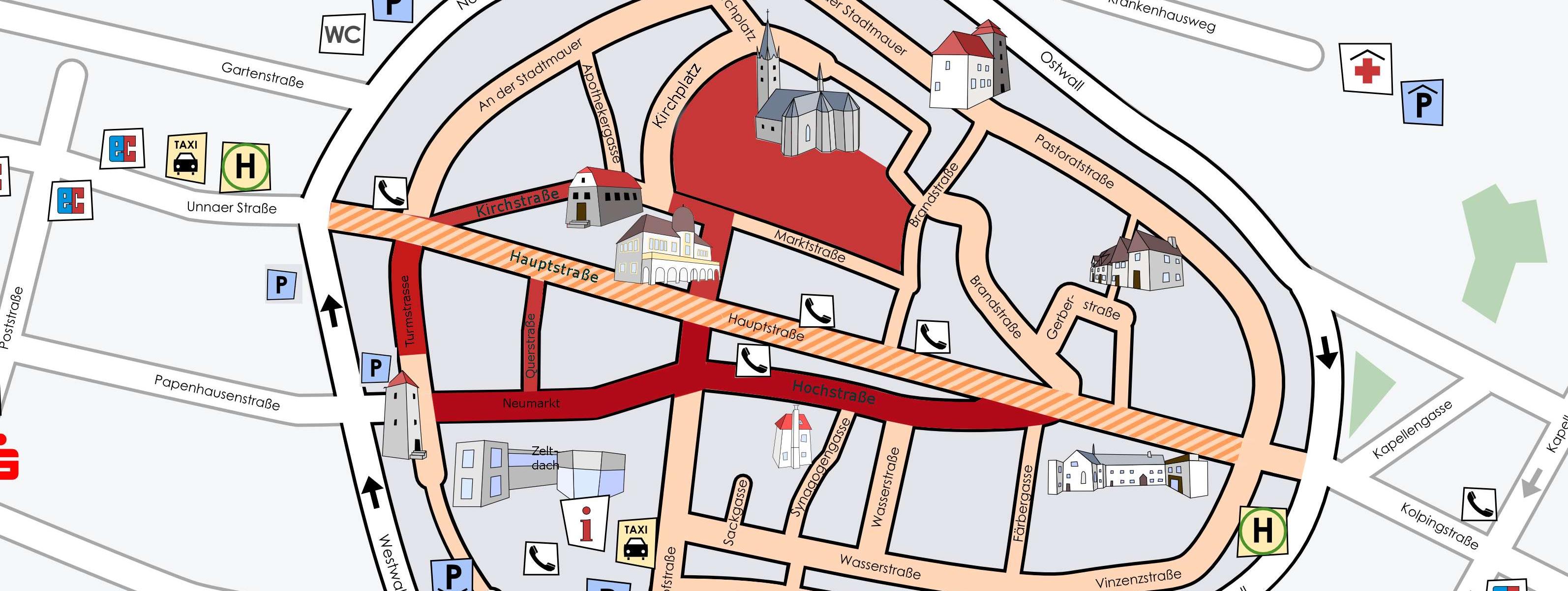 Ein Plan der Mendener Innenstadt, auf dem farbig die Stellplätze für den Kinderflohmarkt markiert sind.