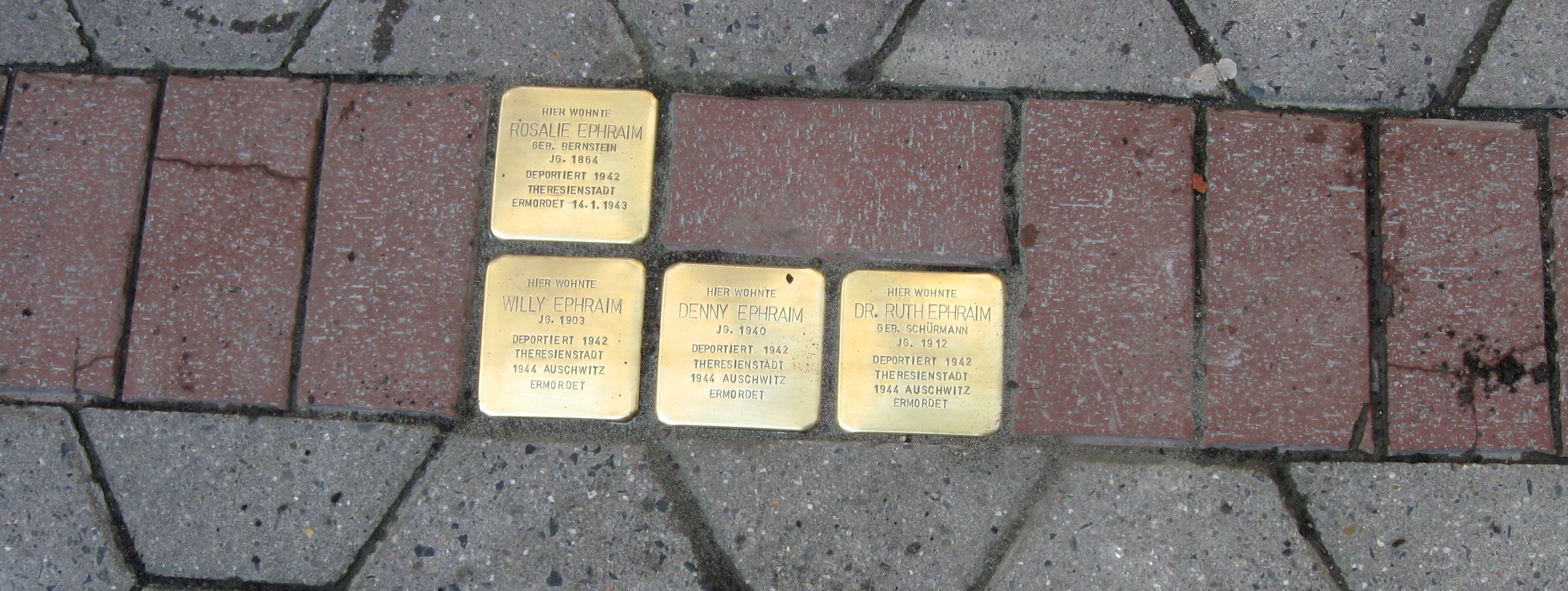 Das Foto zeigt eine Draufsicht auf die 4 Stolpersteine mit den zu lesenden Inschriften. 