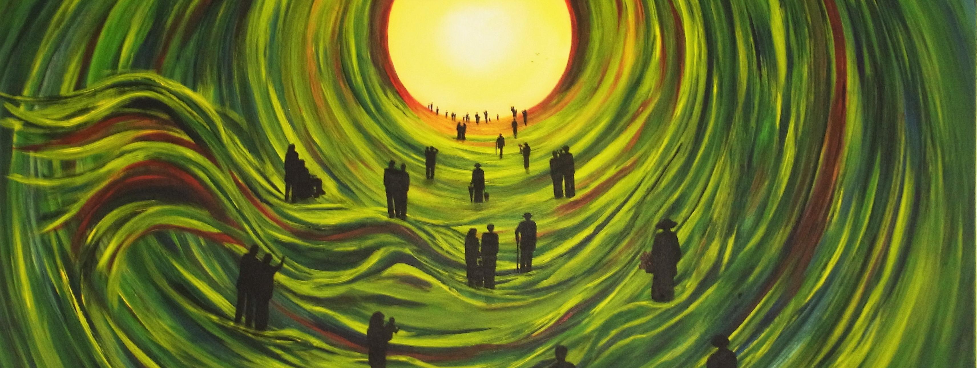 Das Gemälde ist mit grüner, gelber und brauner Farbe gemalt. Zusehen ist eine Art Tunnel aus mehreren grün-braunen Kreisen, die auf einen gelben Kreis zulaufen. Darin sind zahlreiche Figuren in schwazer Farbe.