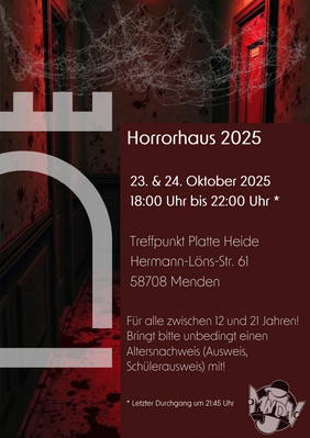 Horrorhaus 2025, 23. und 24. Oktober, 18 bis 22 Uhr im Treffpunkt Platte Heide