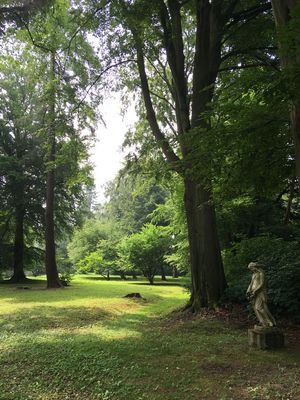 Blick durch den Park Richtung Haus auf eine Lichtung, die von der Sonne beschienen wird. Am rechten Bildrand steht eine Bildhauerei von Carl Cauer: das Mädchen mit Kranz