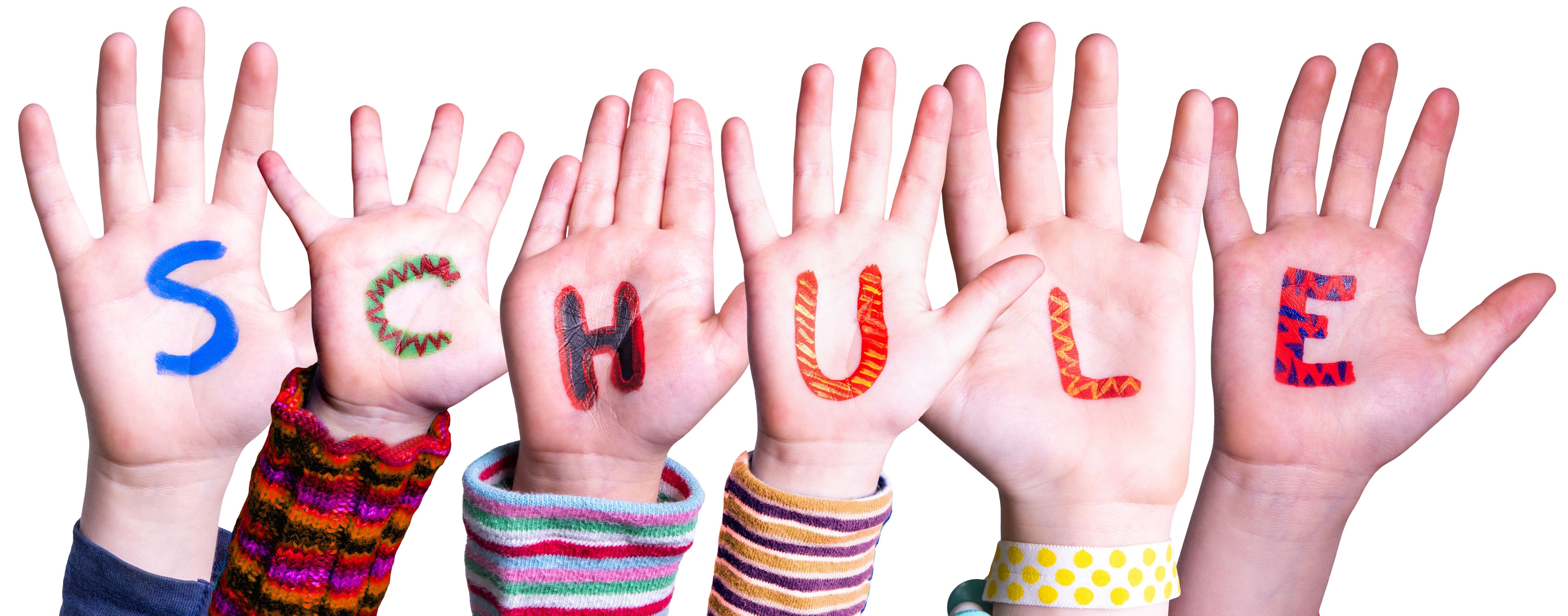 Children Hands Building Schule Means School, Isolated Background