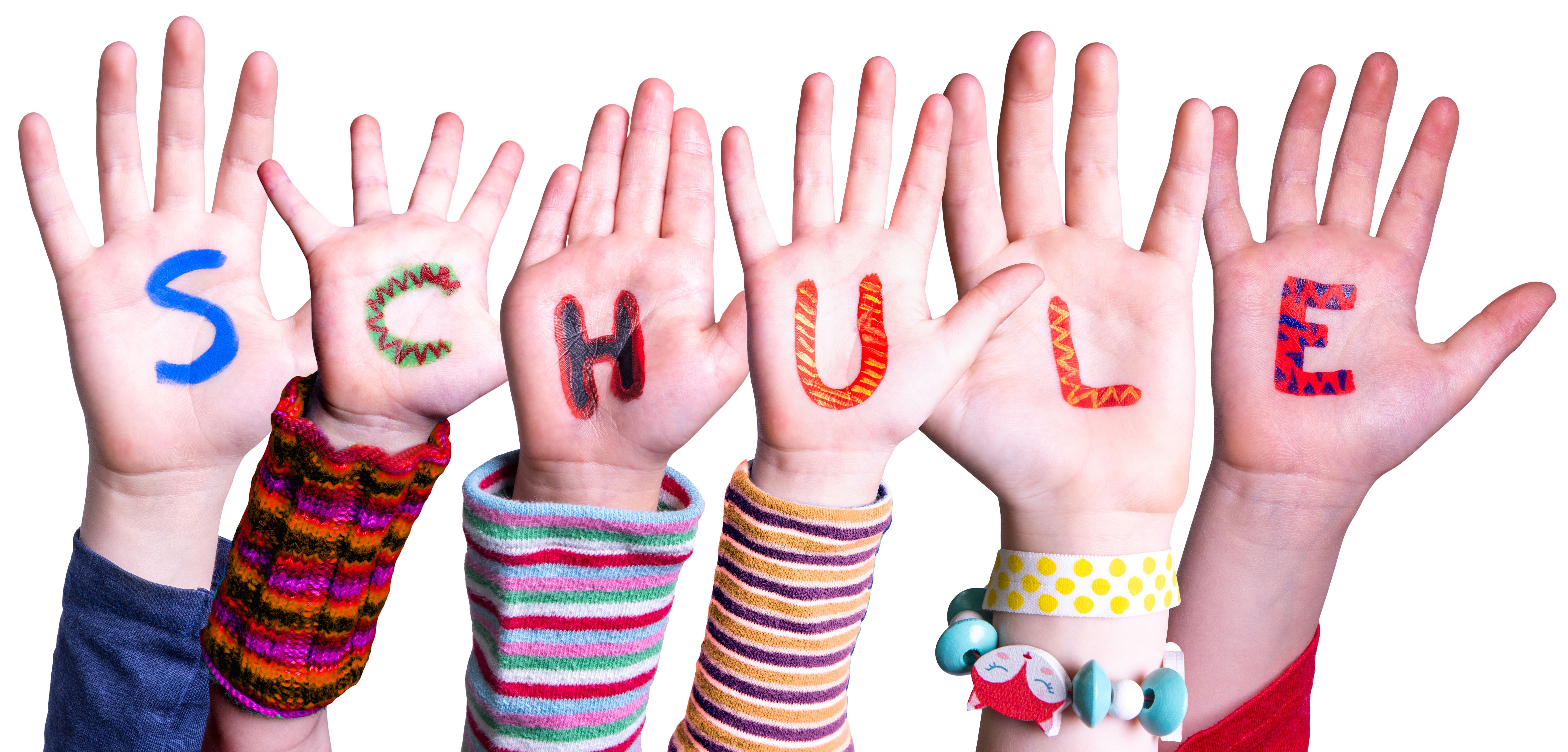 Children Hands Building Schule Means School, Isolated Background